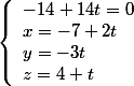 \left\lbrace\begin{array}l -14+14t=0 \\ x=-7+2t\\y=-3t\\z=4+t \end{array}